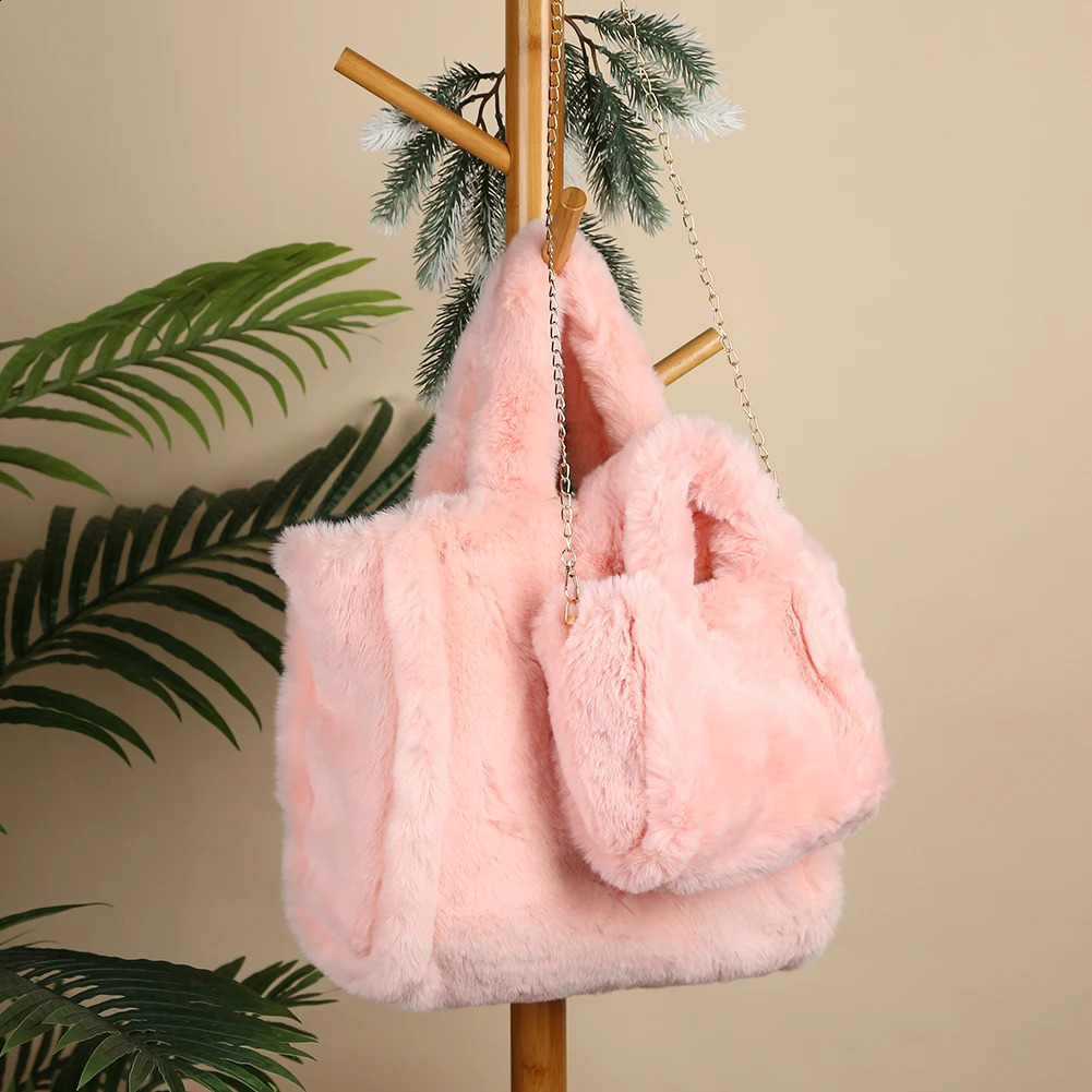 Plush Faux Fur Tote Bag for Women Autumn Winter Furry Handbags Solid Color Chic Fuzzy Shopping Soft Fashion Ladies Shoulder 241225