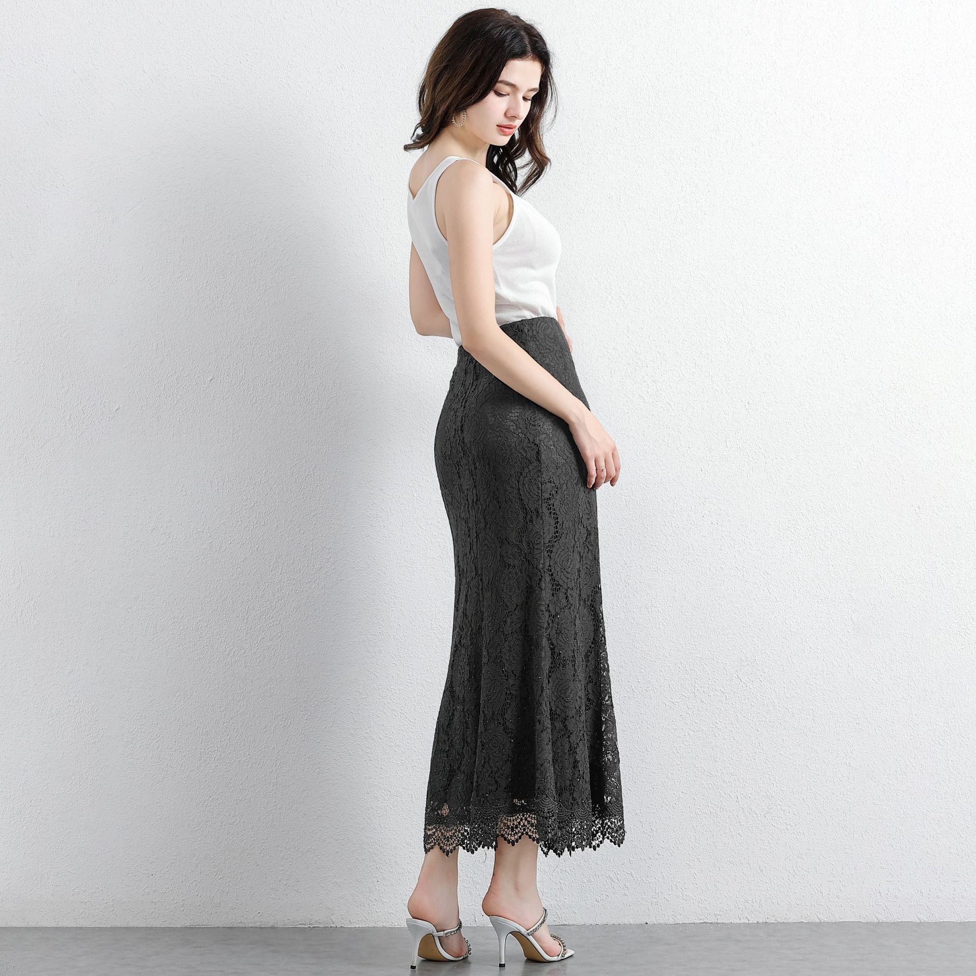 D1002 skirt lace fishtail skirt high-end black hip skirt high waist slim long skirt
