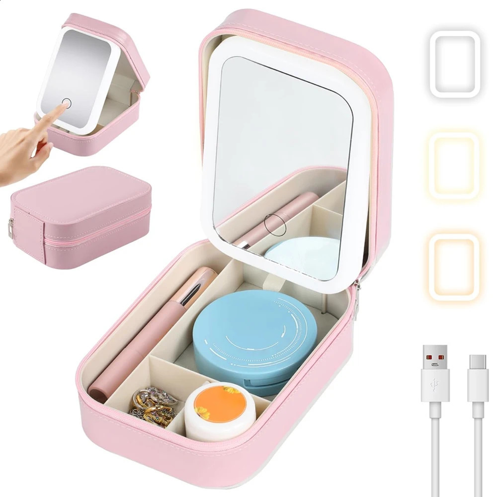 Travel Makeup Mirror with Light Smart Touch 3 Colors Dimmable Rechargeable Lighted Makeup Mirror With Travel Makeup Bag Gift 241223