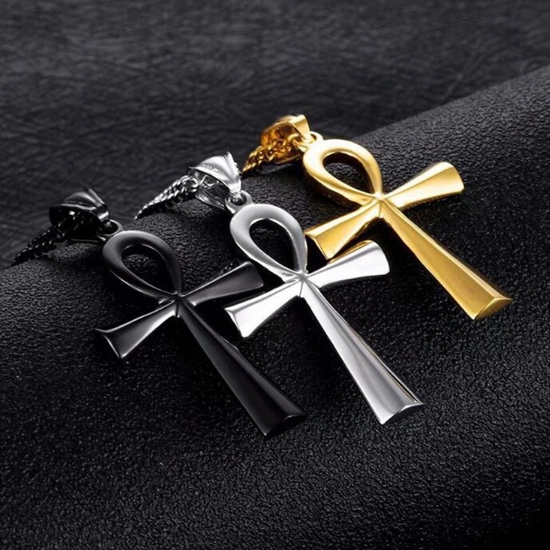 Rock Wolf Tide 2024 New Alloy Ancient Egyptian Life Symbol Necklace Cross Pendant Trendy Personality Jewelry Wholesale Bijoux Collar