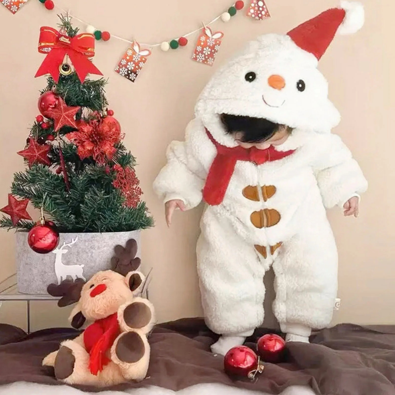 Infant Boys Girls Christmas Costumes Fleece Thick Long Sleeve Romper Cartoon Snowman Cosplay Hooded Jumpsuits For 3 6 12 Months 241226