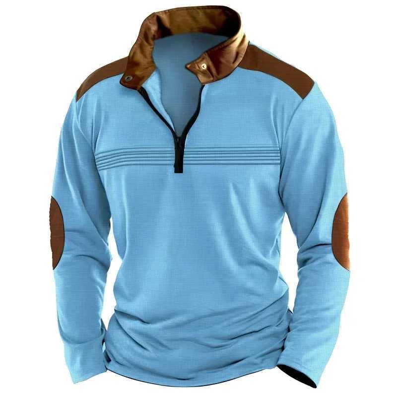 2025 Cross-border Mens Patchwork Pullover Zipper Solid Color POLO Shirt Zipper Long-sleeved Sports Polo Shirt Crazy Street Casual W250616