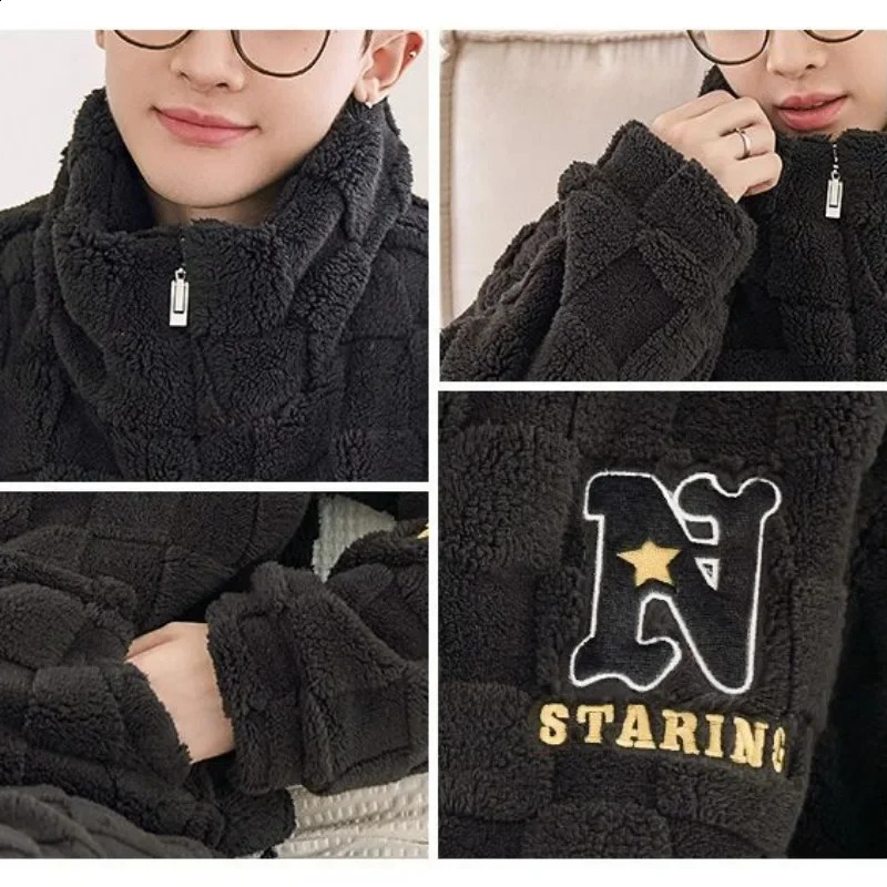 Flannel Pajamas Men Autumn Winter Zipper Sleepwear Warm Plus Velvet Loungwear Padded Coral Homewear Suit 241227