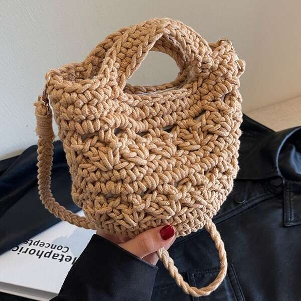 Forest Style Artistic Retro Woven Bag, Women's New Hollowed Out Handbag, Casual Versatile Single Shoulder Crossbody Bucket Bag