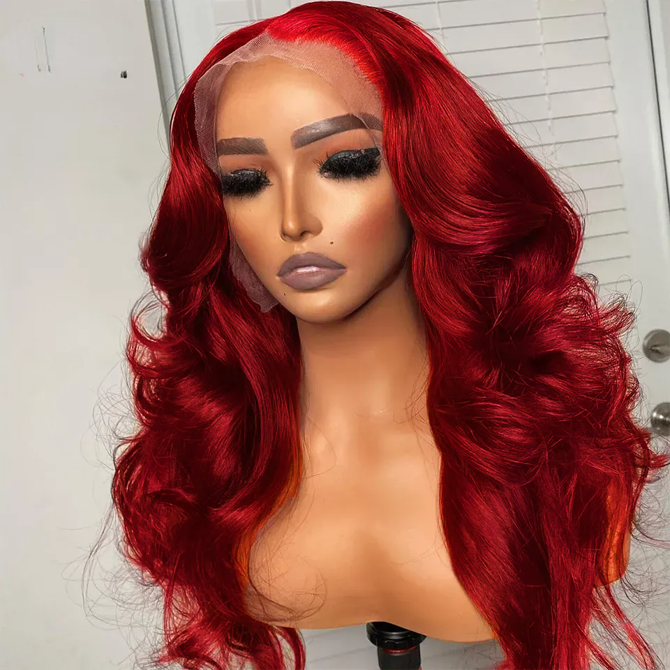 Red Colored Hair Similar to Real Human Hair Wigs Body Wave 13x4 Lace Front Wigs For Black Women Synthetic Wigs Middle Part 28 inch Heat Resistant Natu