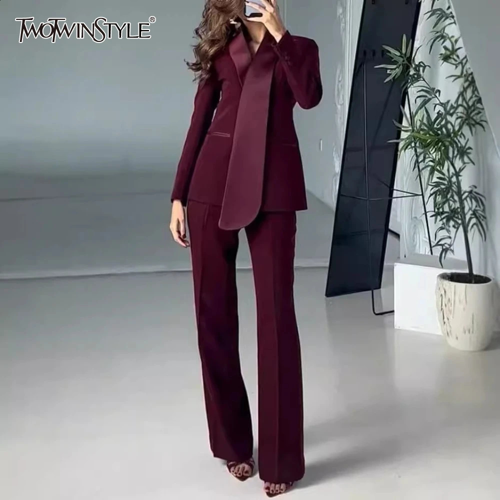 TWOTWINSTYLE Solid Two Piece Sets for Women Lapel Long Sleeve Tunic Coat High Waist Pant Slimming Sets Female Fashion 241224