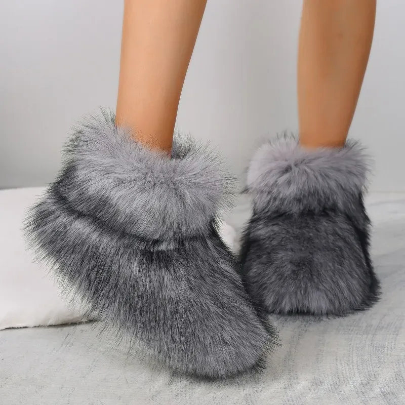2025 New Women Fluffy Faux Fox Woman Plush Warm Snow Boots Footwear Girls Furry Fur Bottes Fashion Winter Shoe 37bb