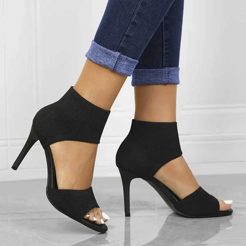 High Quality Women New Designer Knitted High Heels Sandals Summer Slip-on Thin Heeled Sandal Woman Sexy Cover Heels Black Party Shoes T241227