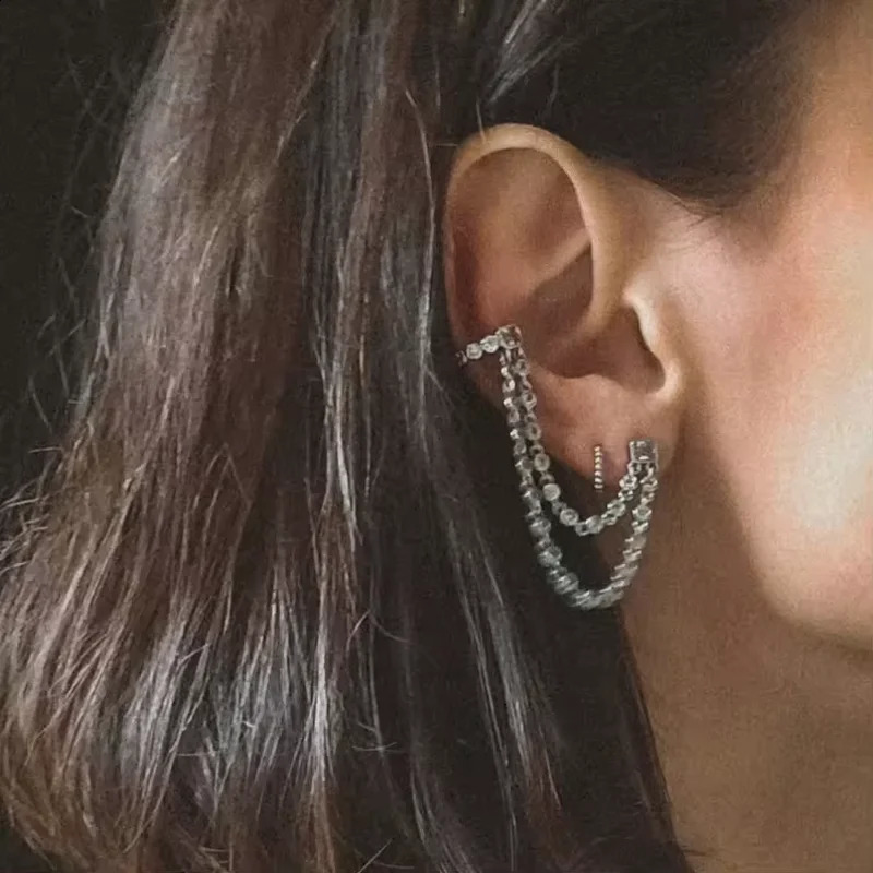 1pc Double Piercing 2 Hole Tassel Chain Mini Cz Hoop Earring Bling Cz Tennis Chain Clip on Earring Cuff Fashion Women Jewelry 241227