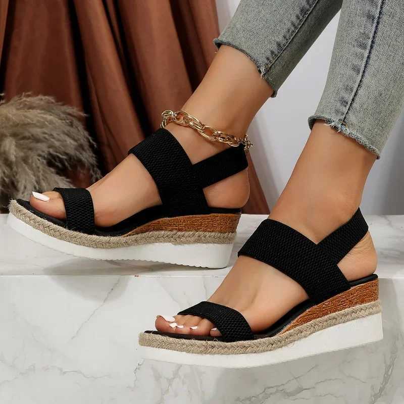 High Quality Womens Shoes Hot Sale Elastic Band Womens Sandals Summer Open Toe Solid Color Wedge Beach Shoes Ladies Platform Sandals T241227