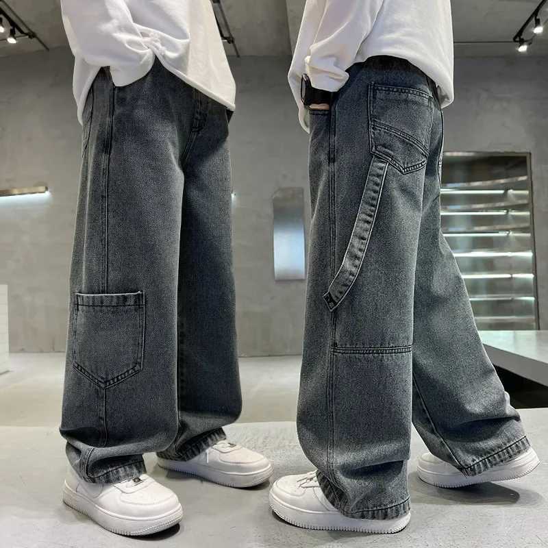 Teenage Boys Cargo Jeans Spring Autumn New Kids Wide Leg Denim Pants for Children Loose Pockets Trousers W241227