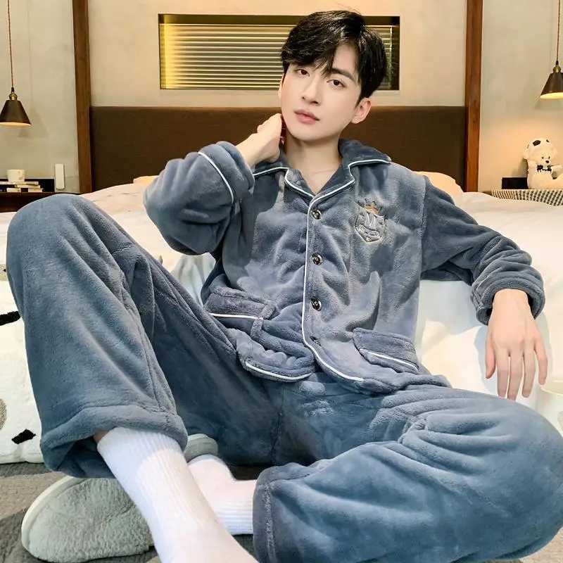 Autumn Winter Coral Fleece Mens Pajamas Set Thicken Flannel Warm Sleepwear OverSized Solid Cardigan Pajama Men Pyjamas HomeWearXJ241227
