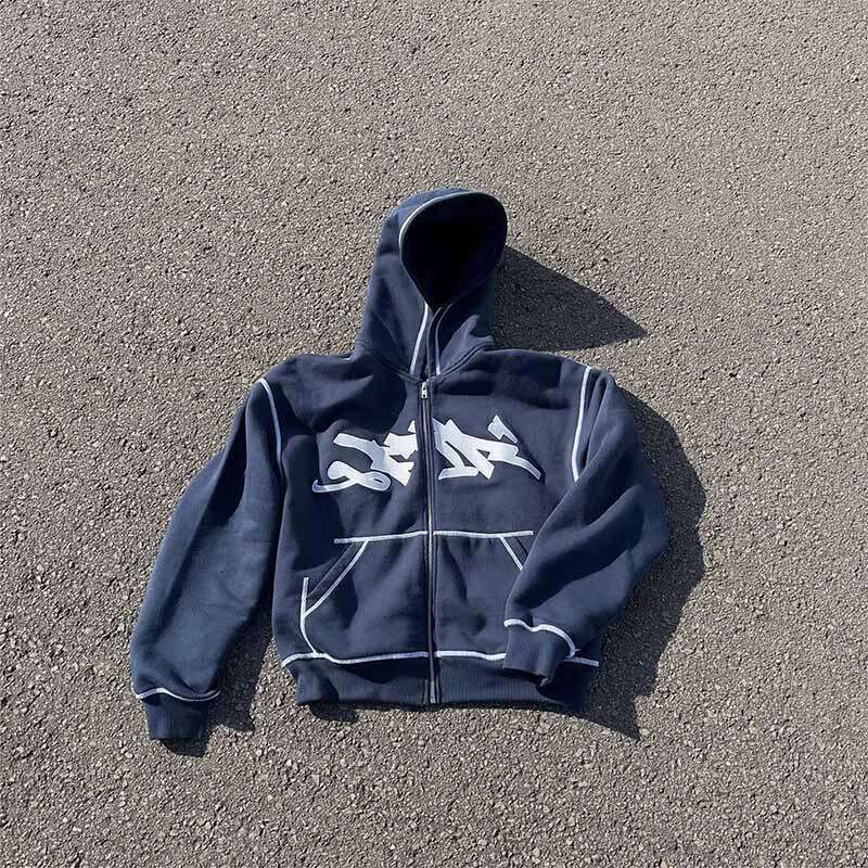 American Hoodie Zipper cardigan Printed Reverse Line Sweatshirt Set Personalized Street Y2K