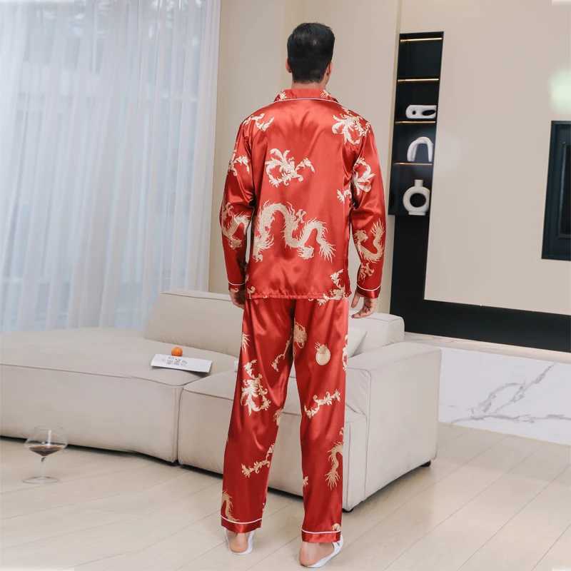 Ice silk pajamas for mens spring and autumn 2024 new long sleeved Chinese dragon red zodiac year summer Large size sleepwearsXJ241227