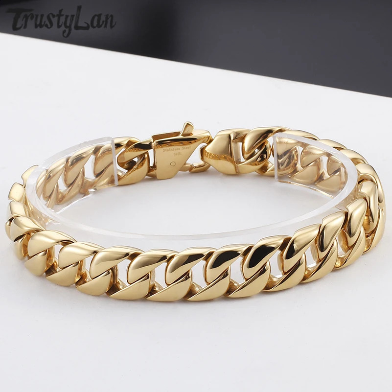 Gold Color Stainless Steel Miami Cuban Curb Link Chain Bracelet for Men Classic Friends Mens Bracelets Jewelry Accessories 241227