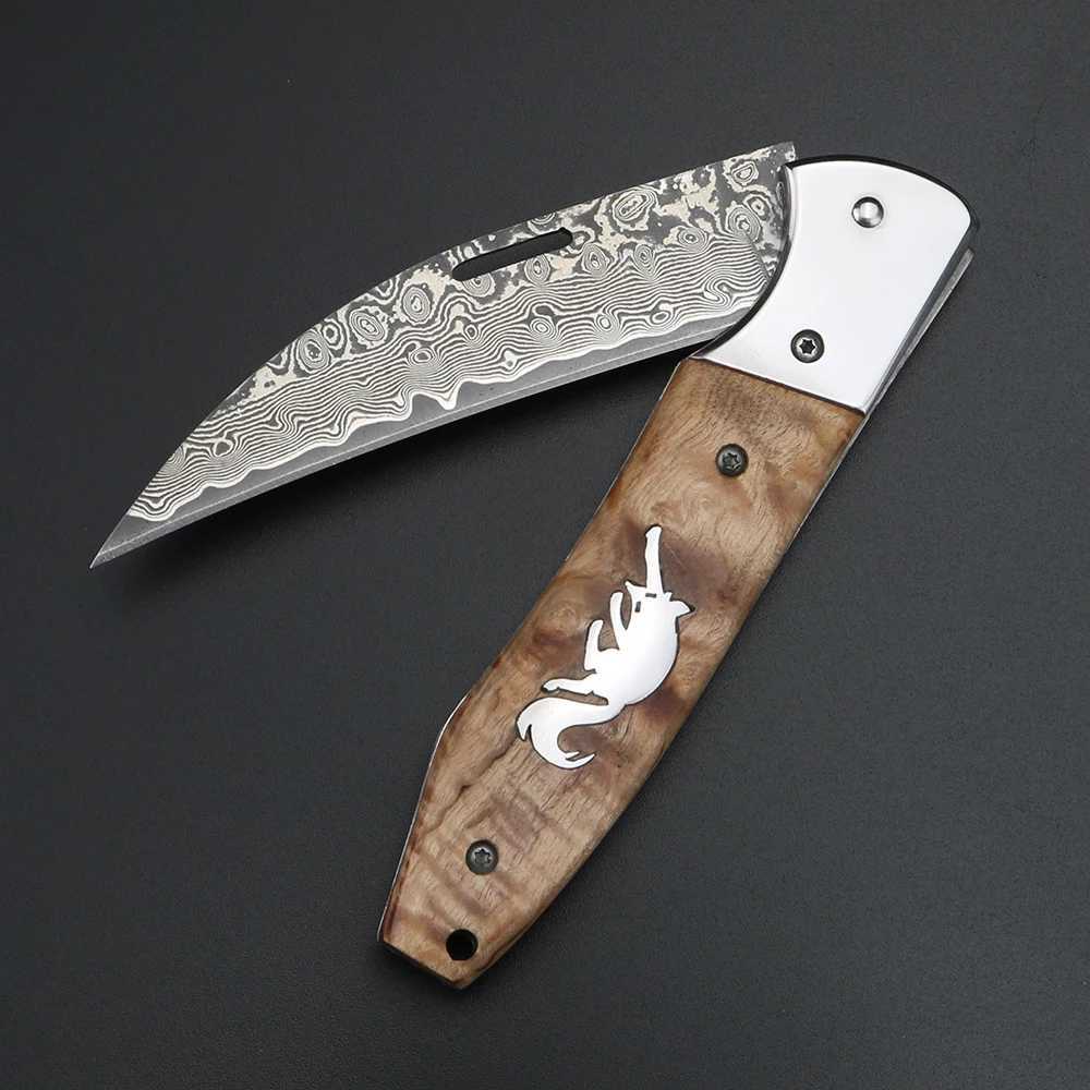 Xuanfeng Japanese handmade folding knife wooden handle small folding knife Damascus steel mtifunctional fruit knife Y241227