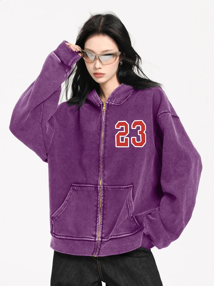Simple Number 23 Printed Female Washed Zipper Hoody Hip Hop Sweatshirt High Quality Hooded Autumn Casual Streetwear Women 241223