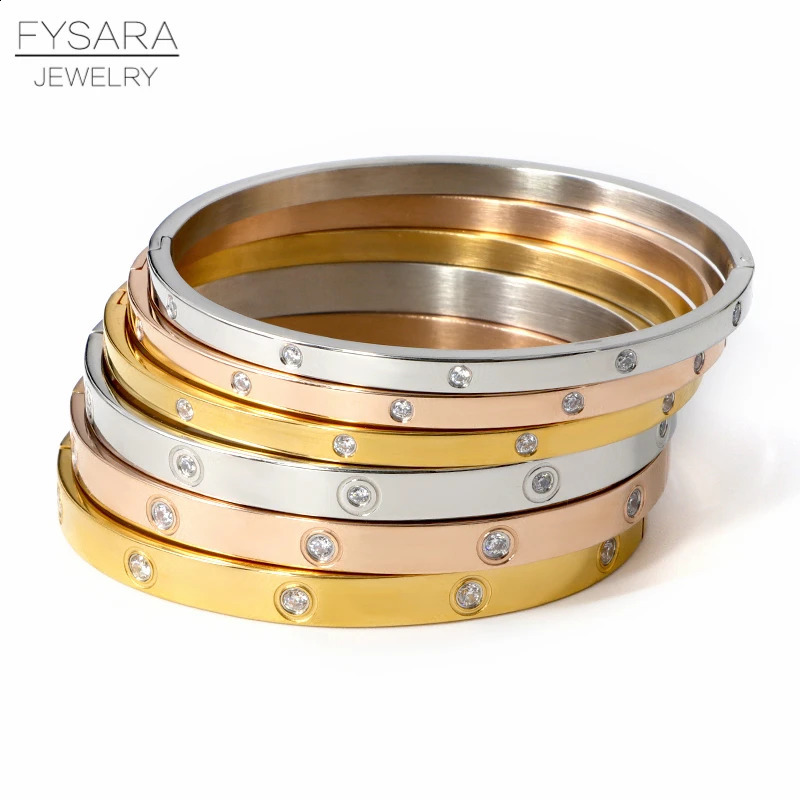 FYSARA 3/4/6/8mm Crystals Lover Bracelets Stainless Steel Bangles Cubic Zirconia Women Gold Color Bangles Jewelry Gifts 241227