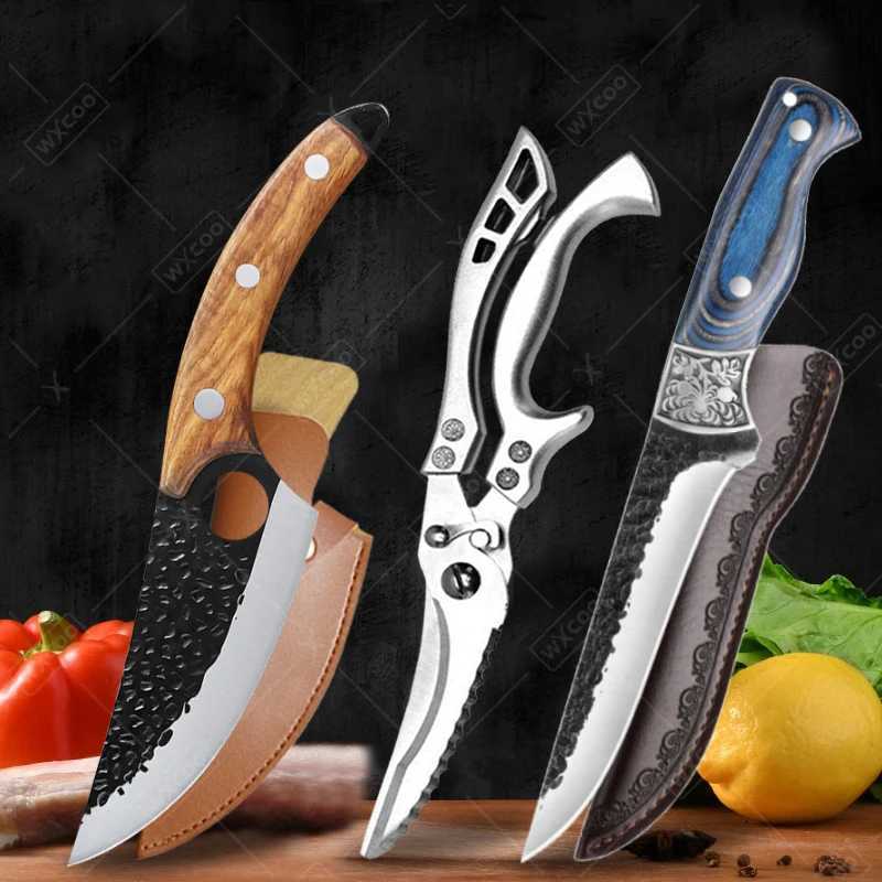 WXCOO Wooden Kitchen Knives Professional Chefs Knife Stainless Steel Forged Boning Knife Fruit Paring BBQ Meat Cleaver Scissors Y241227