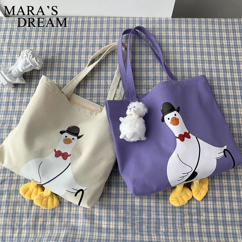 Maras Dream Women Shoulder Shopper Bag Cute Duck Cartoon Print Casual Kawaii Canvas Tote Shopping Cotton Cloth Eco Handbags 241225
