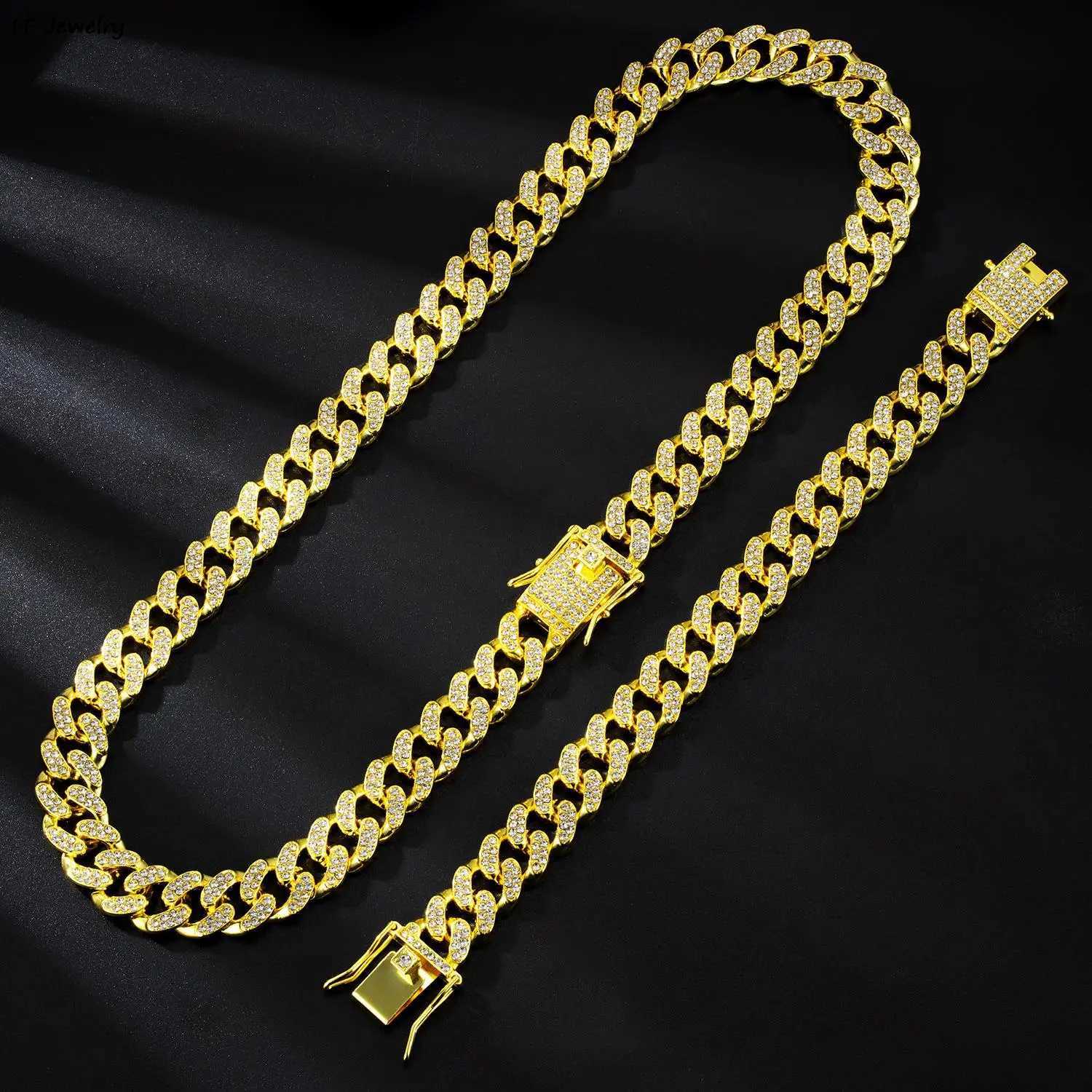 12mm set of Men Women Hip Hop d Out Bling Prong Cuban Chain Necklace Paved Rhinestone Link Chain Choker Necklace Men JewelryXJ241227