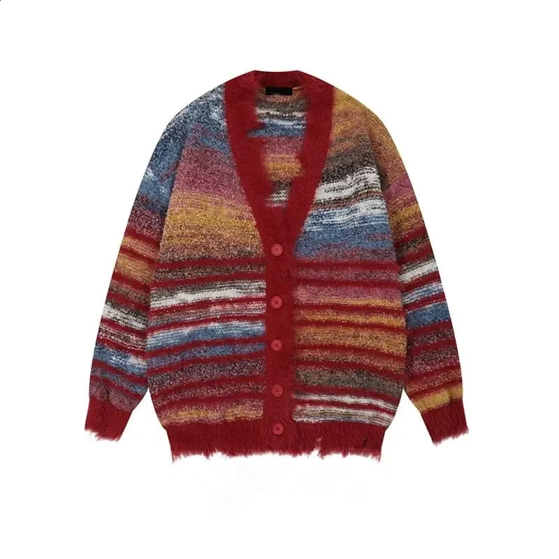 Autumnwinter Fashionable Casual Color Blocking Striped Sweater Cardigan For Men Women Gradient Sleeve Knit Jacket Couples Wear 241226