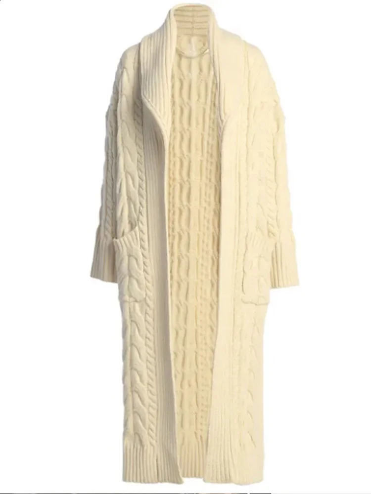 Fall Winter Women Solid Knitted Long Cardigan Fashion Large Lapel Full Sleeve Female Pockets Sweater Lady Commuting Outwears 241225