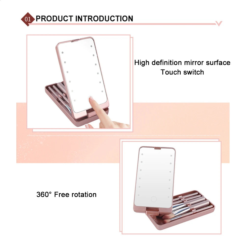 Portable Makeup Mirror With 5 Brushes Storage Box Rotatable LED Touch One-Face Storage Box Foldable Compact Makeup Mirror 241223