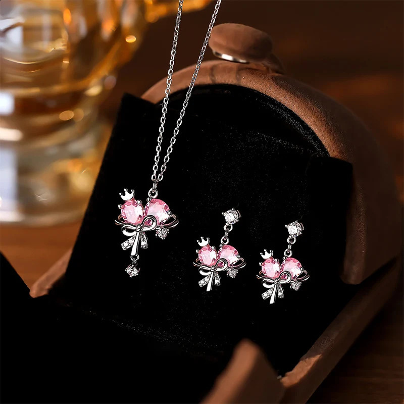 JYJIAYUJY 100% Whole Original Sterling Silver S925 Necklace Pink Star Bow Heart Earrings Set Hypoallergenic Jewelry Gift JYN21 241226