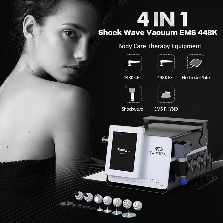Most Popular 4 in 1 Monopolar RF 448K Thermal Skin Rejuvenation Wrinkle Removal Cellulite Treatment ESWT Shockwave Therapy Body Massage Pain Relief EM