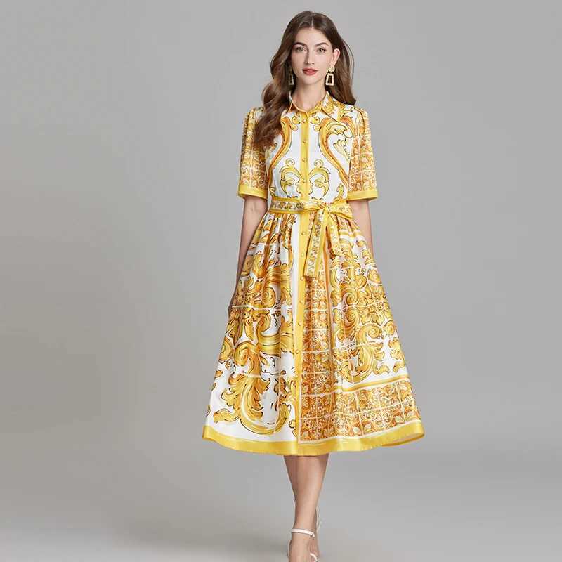 New Summer Fashion Yellow and White Porcelain Printed Shirt for Women Flip Collar Single Chest Lace Holiday Midi Clothing X241226