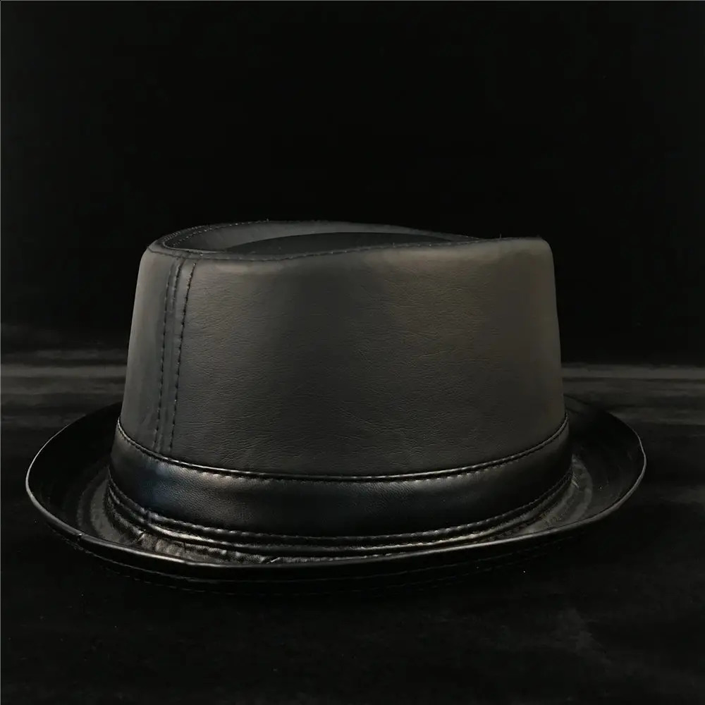 100% Leather Balck Men Pork Pie Hat For Dad Fedora Hat Fasgion Gentleman Flat Bowler Porkpie Jazz Hat Size S M L XL 241226