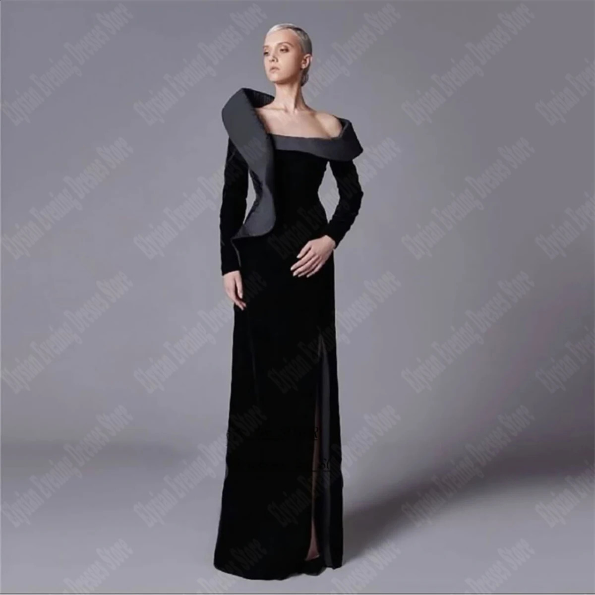 Women Elegant Dresses Sexy Pleated Slim Fit Prom Gowns est Velvet Dark Black Vent Customized Long Sleeve Mopping Length 241223