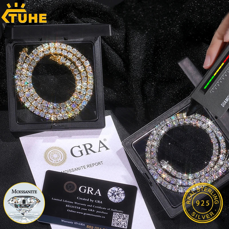 HighQuality VVS1 Tennis Necklace S925 Sterling Silver Diamond Necklaces For Men Women Pass Diamonds Test Iced Out 241226