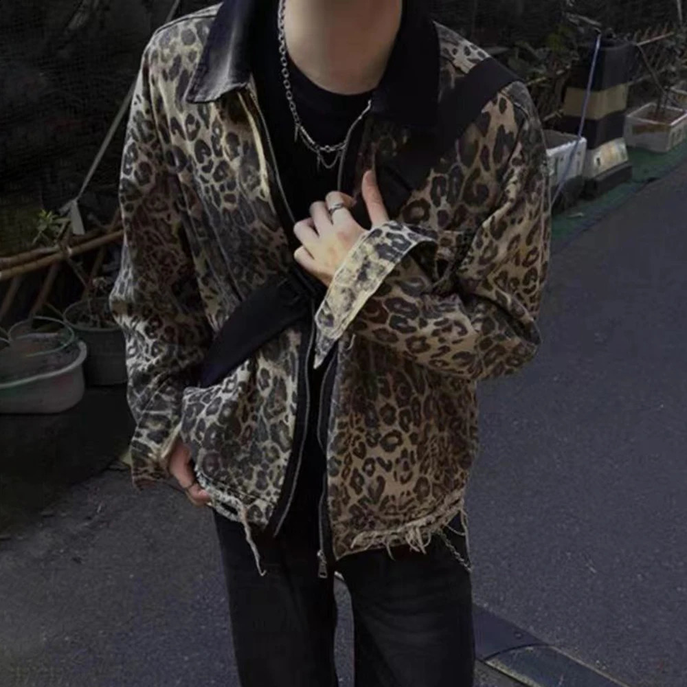American Street Fashion High-End Raw Edge Contrast Leopard Print Y2k Jacket Autumn And Winter Niche Leisure Loose Hip-Hop Jacket 241224
