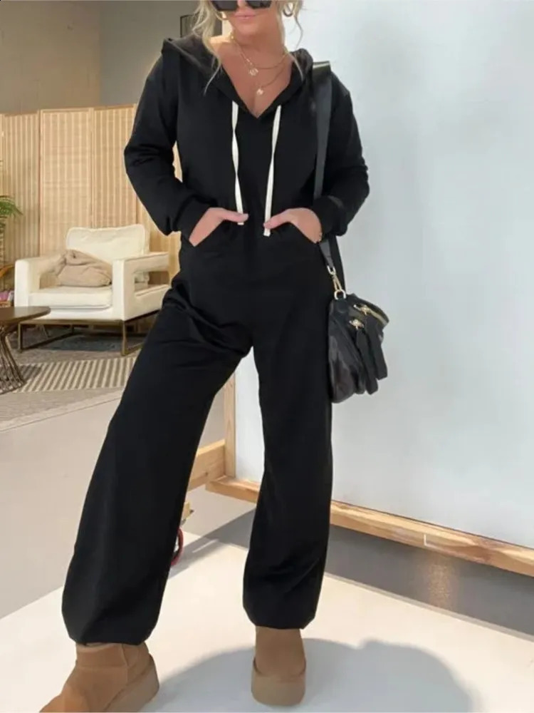 Winter Leisure Sportwear Elastic Fashion Elegant Hoodies Jumpsuit Women Long Sleeve One Piece Outfit Warm Overalls 241224