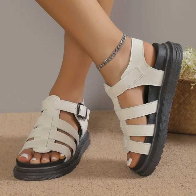 High Quality Women Sandals Summer Toe Openwork Braided Gears Platform Sandals Female PU Leather Roman Beach Black Hollow Shoes T241227