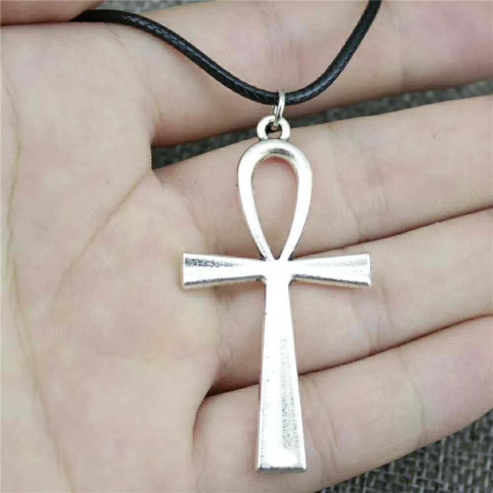 Big Ankh Cross Pendant Necklace Big Ankh Cross Wax Rope Chain Necklace Big Ankh Cross Black Leather Chain NecklaceXJ241227