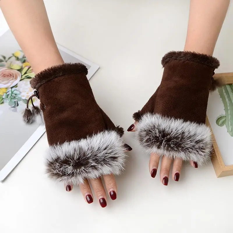 Winter Rabbit Fur Half-finger Gloves Fashion Warmth Sexy Faux Rabbit Fur Hand Wrist Women Fingerless Gloves Ladies Mittens 241227