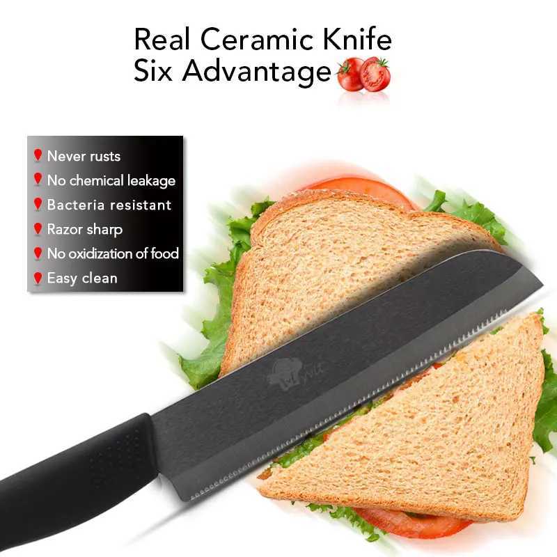 Ceramic Knife cooking set 3 4 5 inch+6 inch Serrated Bread Knife+Peeler Zirconia Black Blade Fruit Cooking Kitchen Knives Y241227