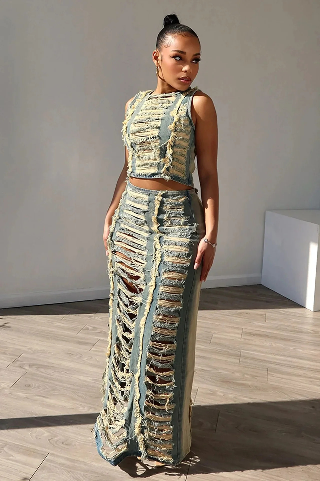 DRC Women Hollow Ripped Hipster Vintage Tank TopsLong Skirts Streetwear Matching Outfits Denim Sexy Hollow 2 Piece Set 241226