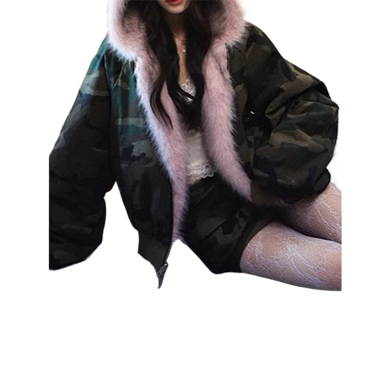 Two piece set of eco-friendly fur jacket for womens autumn and winter hoodie workwear short skirt with pink and ink front and back