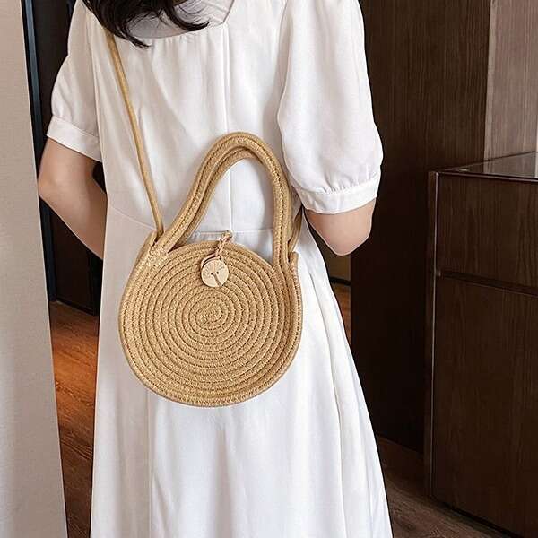 Beach Vacation Woven Women's Spring And Summer New Style, Hand-Held Small Round Bag, Casual Versatile Single Shoulder Crossbody Bag