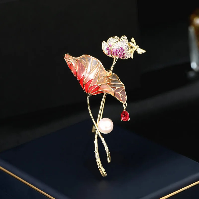 Chest flower Womens brooch pin for women drip oil pearl zircon inlaid lotus leaf lotus broochs Dress Accessories 241227