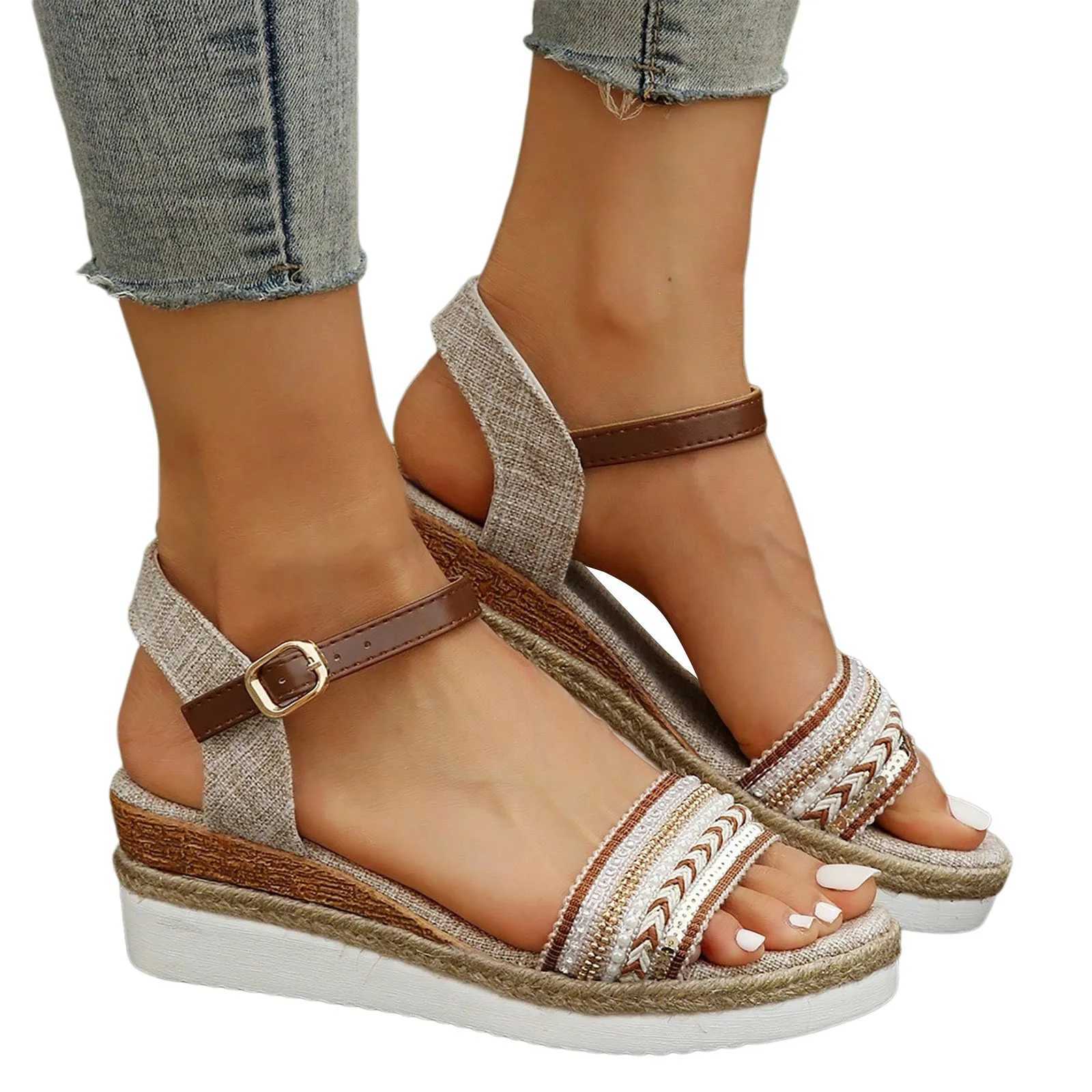 High Quality New Summer Womens Woven Round Head Slope Heel Thick Sole Roman Beach Casual Sandals shoes women trend T241227