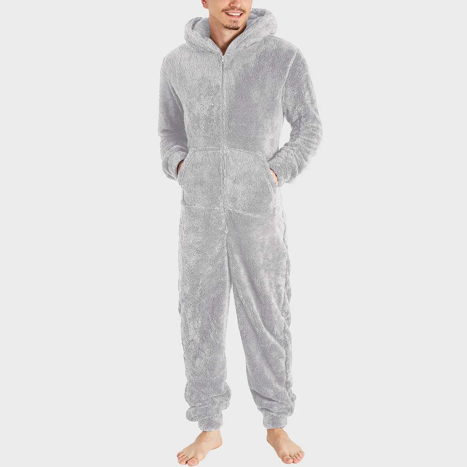 Winter Warm Teddy Fleece Pajamas for Men Plush Zipper Onesie Fluffy Hooded Sleepwear One Piece Sleep Lounge Pajama JumpsuitsXJ241227