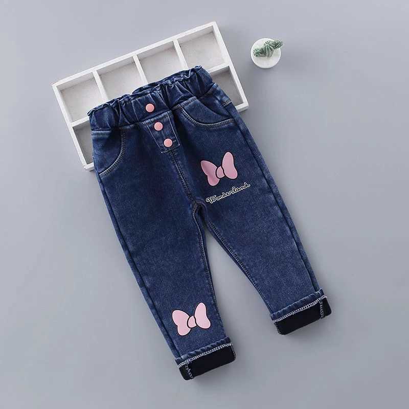New winter baby girl plush denim pants childrens butterfly printed jeans childrens fashionable casual warm Trouser W241227