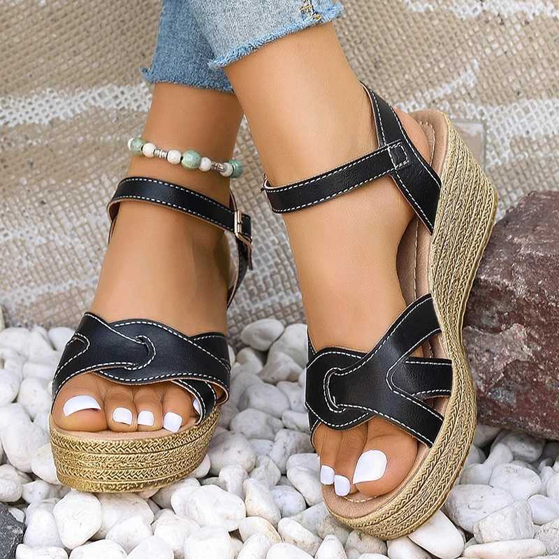 High Quality Lucyever Chunky Platform White Sandals Womens Summer Pu Leather Wedge Heels Sandalias Womens Ankle Straps Thick Sole Sandles Women T24122