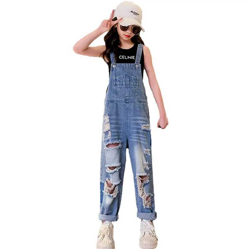 Cool hole girl jumpsuit summer fashion destination torn jeans covered childrens street clothing broken clothing 4 5 6 8 9 10 12 14 years old W241227