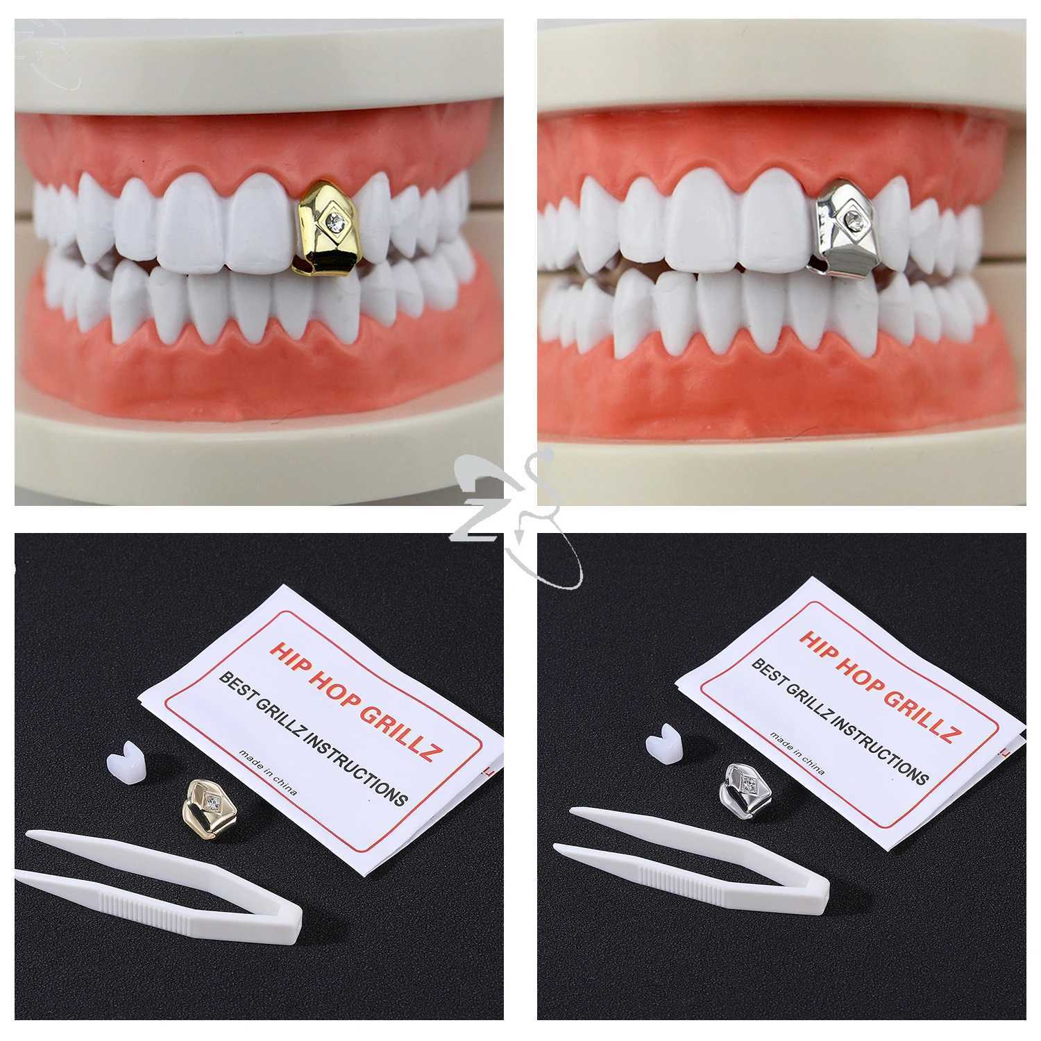 ZS 18K gold-plated Grillz cross shaped crystal gold G Grillz Hip Hop top and bottom teeth C Bling Grill Tren Open Fang W241227